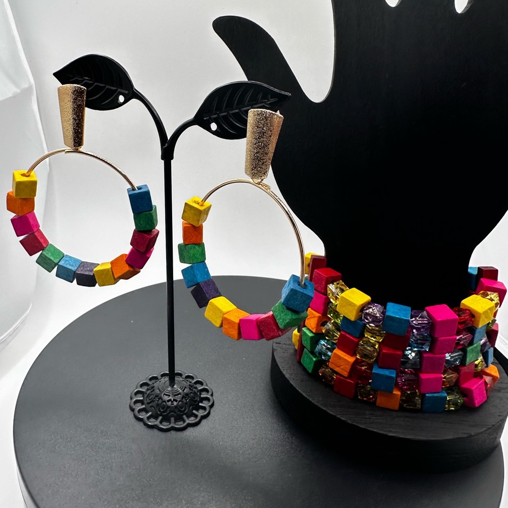 Colorful Beaded Hoop Earrings and Bracelet Set